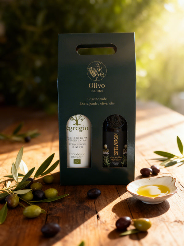 Eksklusiv gaveæske med 2 flasker premium olivenolier